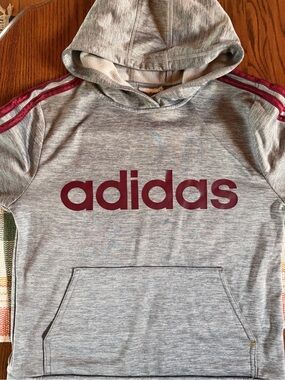 adidas Heather Gray Hoodie with Burgundy Logo and Shoulder Stripes